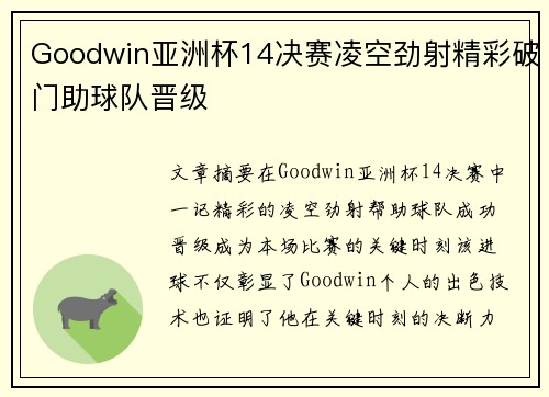 Goodwin亚洲杯14决赛凌空劲射精彩破门助球队晋级